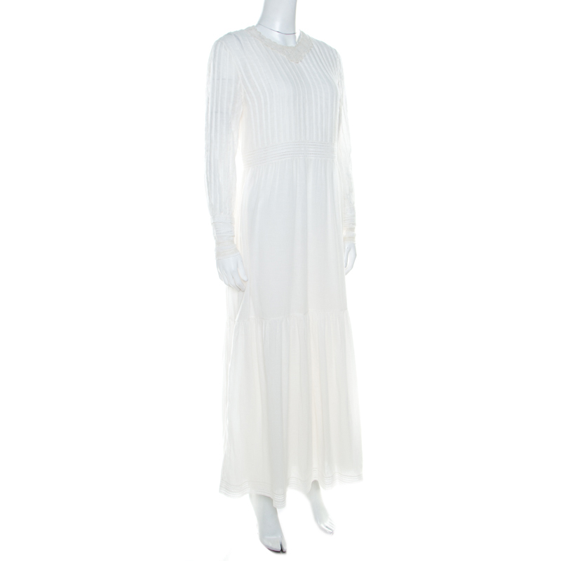 

Saint Laurent Paris Off White Pintuck Detail Cotton Crochet Trim Tiered Maxi Dress