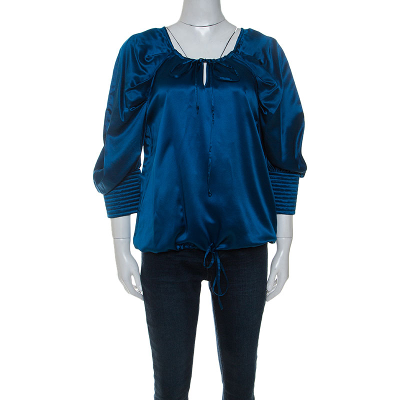 Pre Owned بلوزة ايف سان لوران تفاصيل أساور مبطنة حرير أزرق M