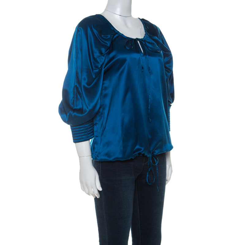 

Yves Saint Laurent Blue Silk Quilted Cuff Detail Blouse