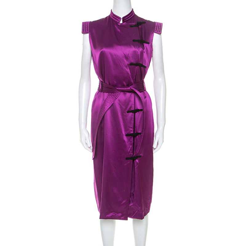 مملوكة مسبقًا Yves Saint Laurent Purple Silk Mandarin Collar Belted Dress