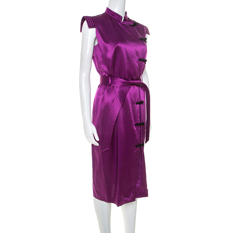 

Yves Saint Laurent Purple Silk Mandarin Collar Belted Dress