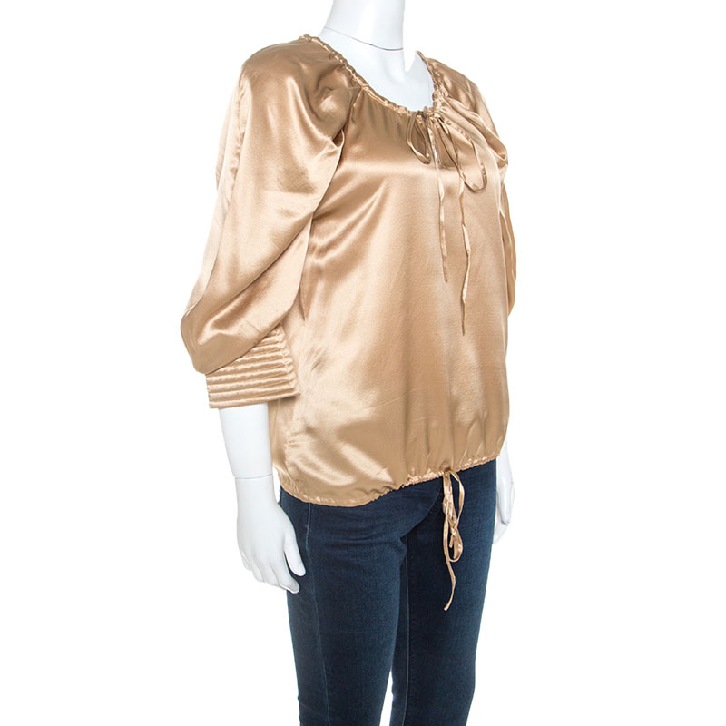 

Yves Saint Laurent Beige Satin Drawstring Detail Blouse