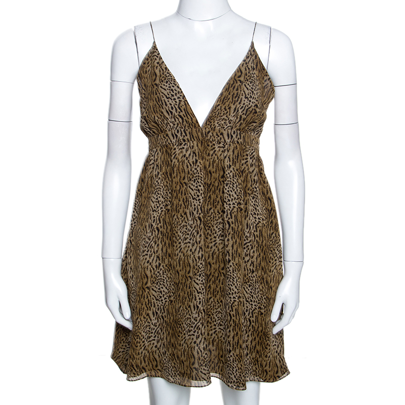Pre Owned Saint Laurent Paris Silk Animal Print Sleeveless Mini Dress M