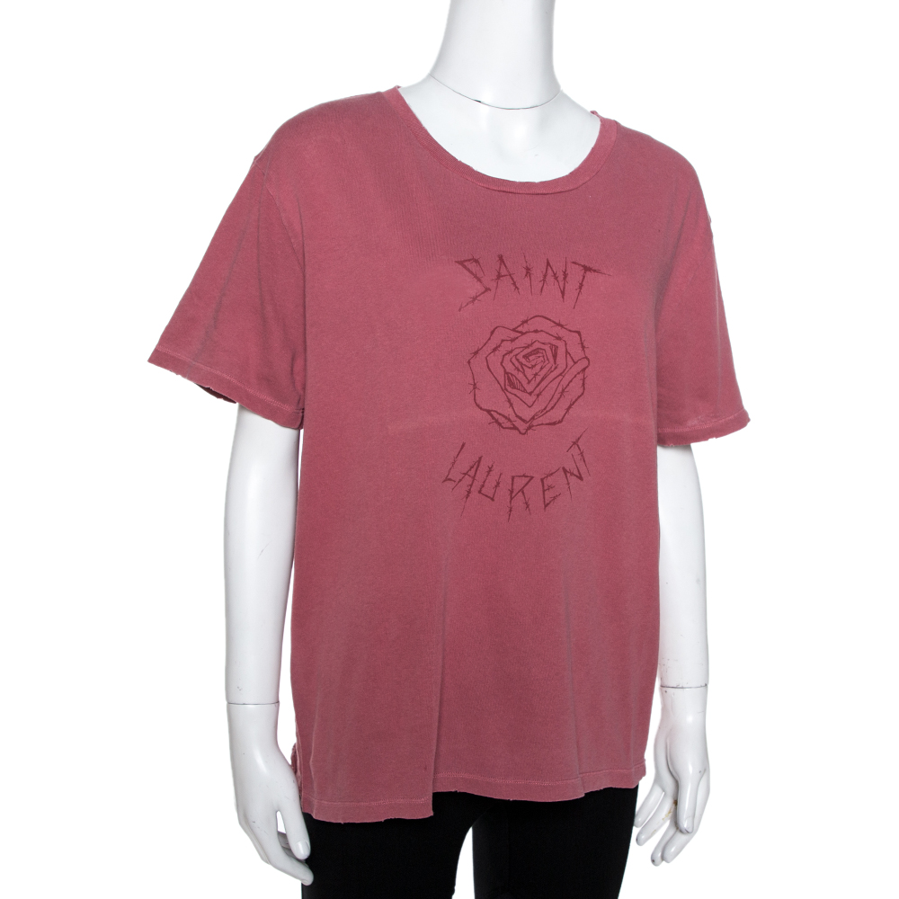 

Saint Laurent Paris Pink Washed Cotton Logo Print Distressed T-Shirt