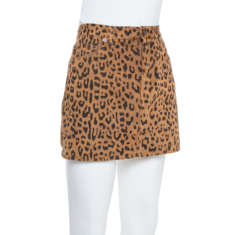 

Saint Laurent Paris Brown Leopard Printed Denim Mini Skirt
