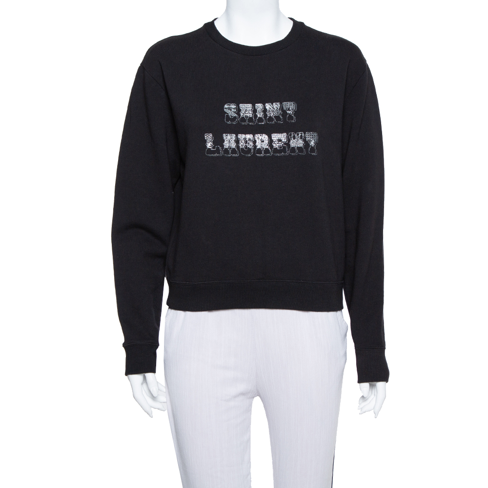 Pre Owned Saint Laurent Paris Black Knit Logo Foil Print Sweatshirt M