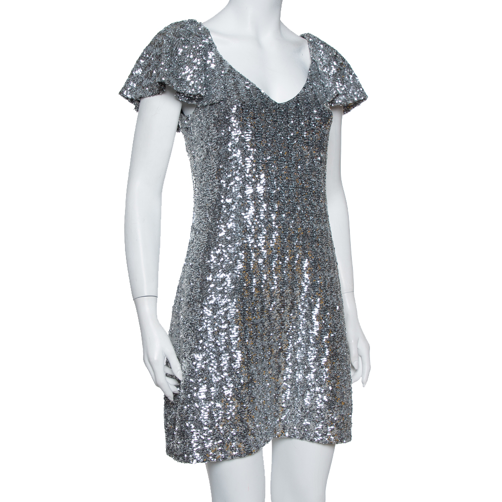 

Saint Laurent Paris Silver Sequin Embellished Flutter Sleeve Dress