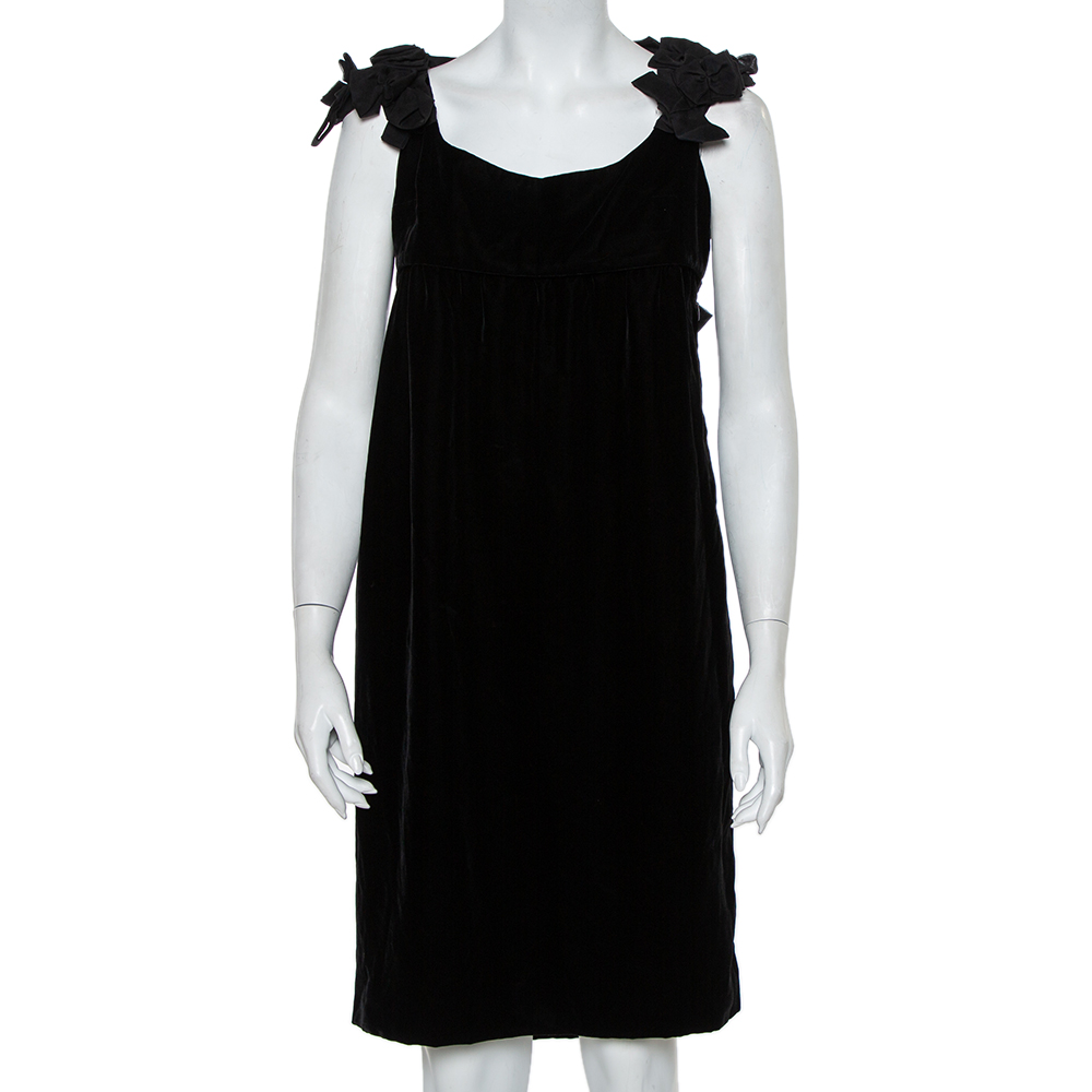 Pre-owned Saint Laurent Yves  Black Velvet Bow Trim Detail Shift Dress S