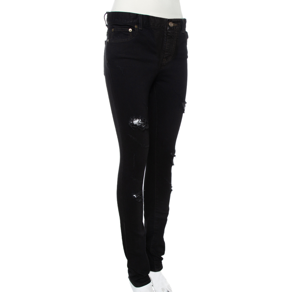 

Saint Laurent Paris Black Denim Skinny Fit Distressed Jeans