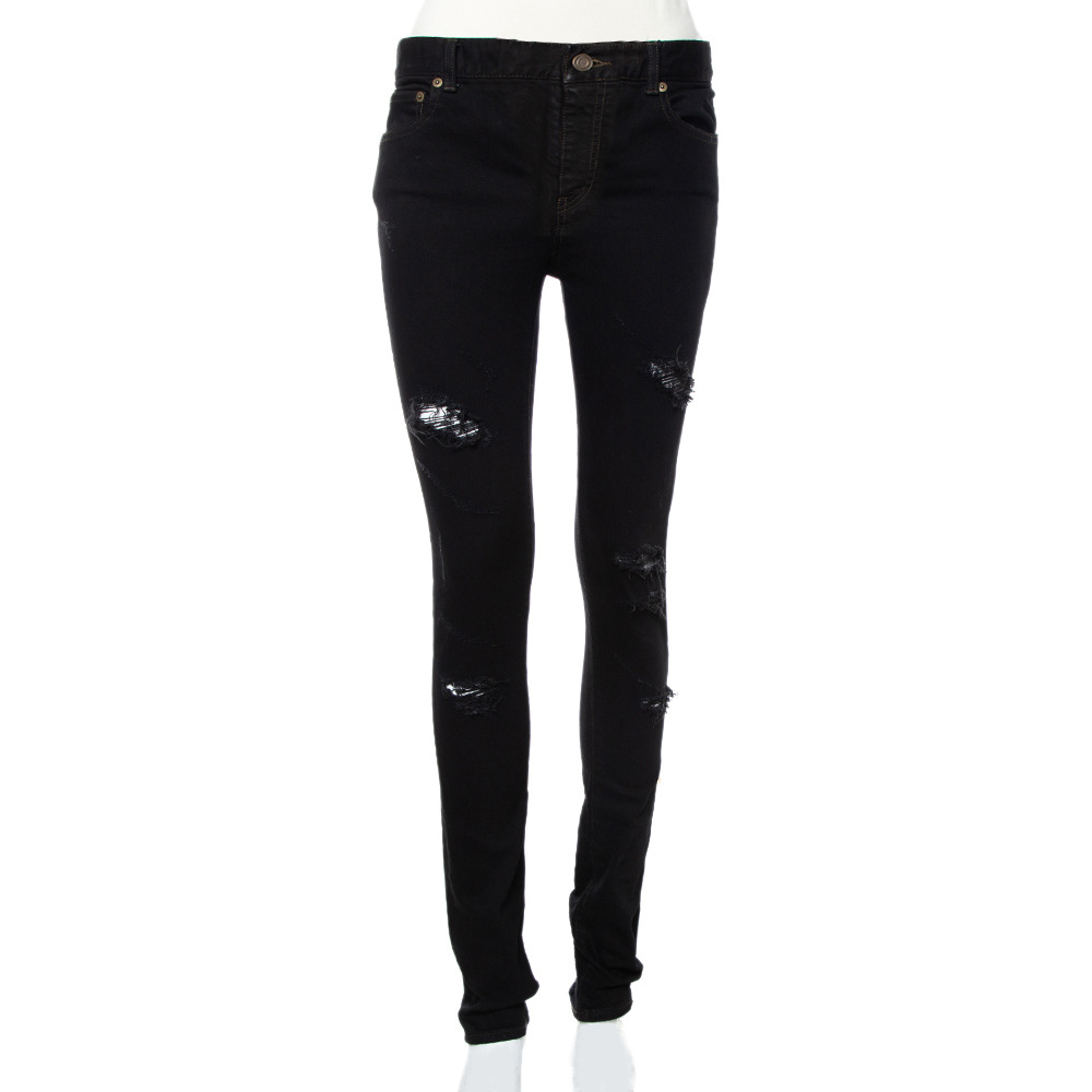 Pre-owned Saint Laurent Black Denim Skinny Fit Distressed Jeans M