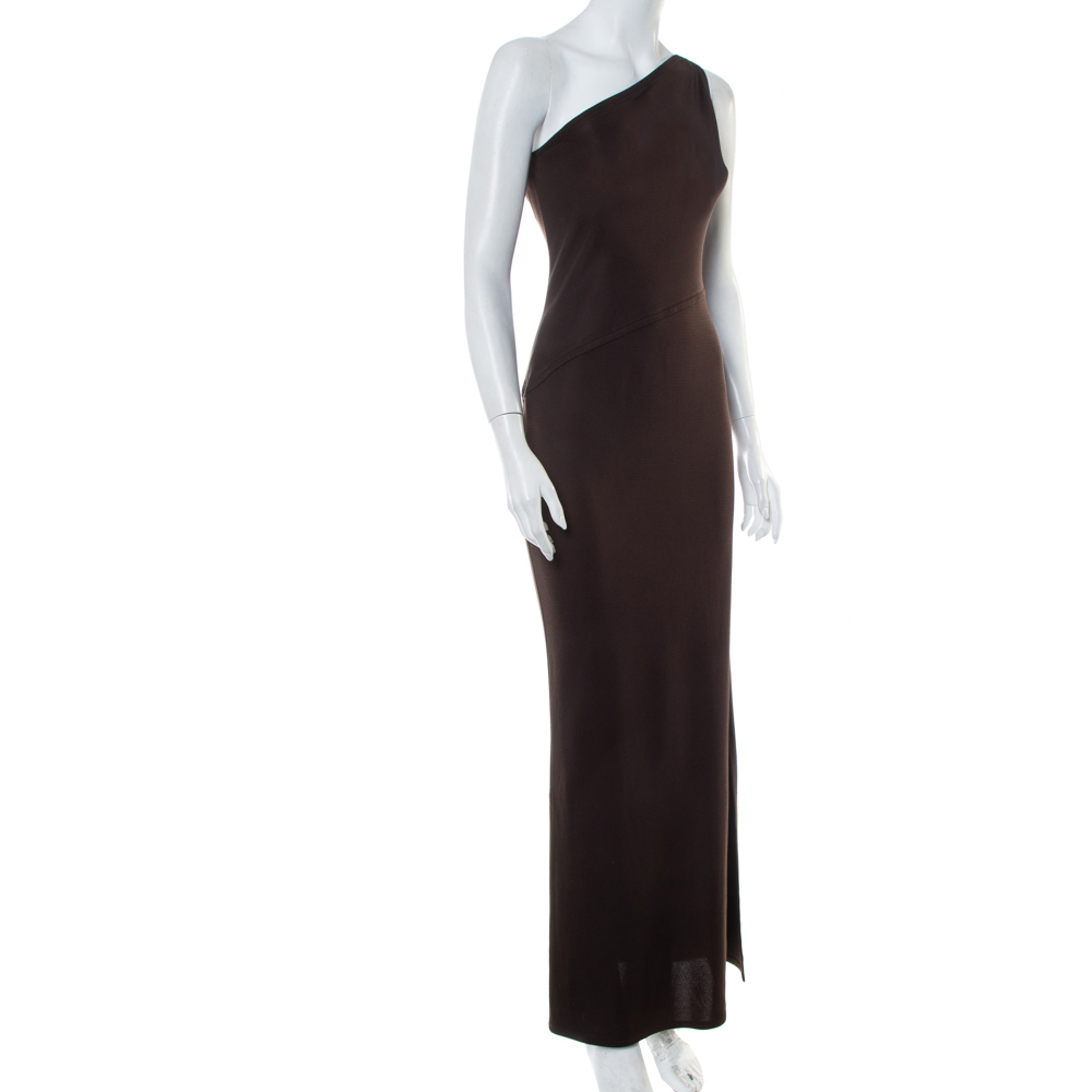 

Yves Saint Laurent Rive Gauche Brown Knit One Shoulder Maxi Dress