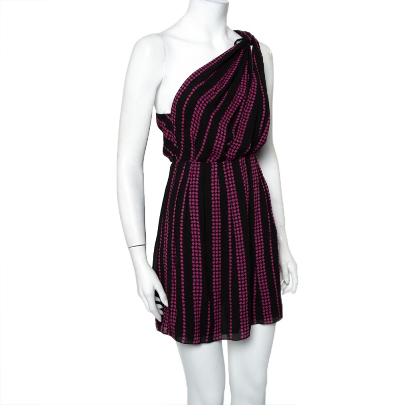 

Saint Laurent Paris Black Star Printed Chiffon One Shoulder Mini Dress