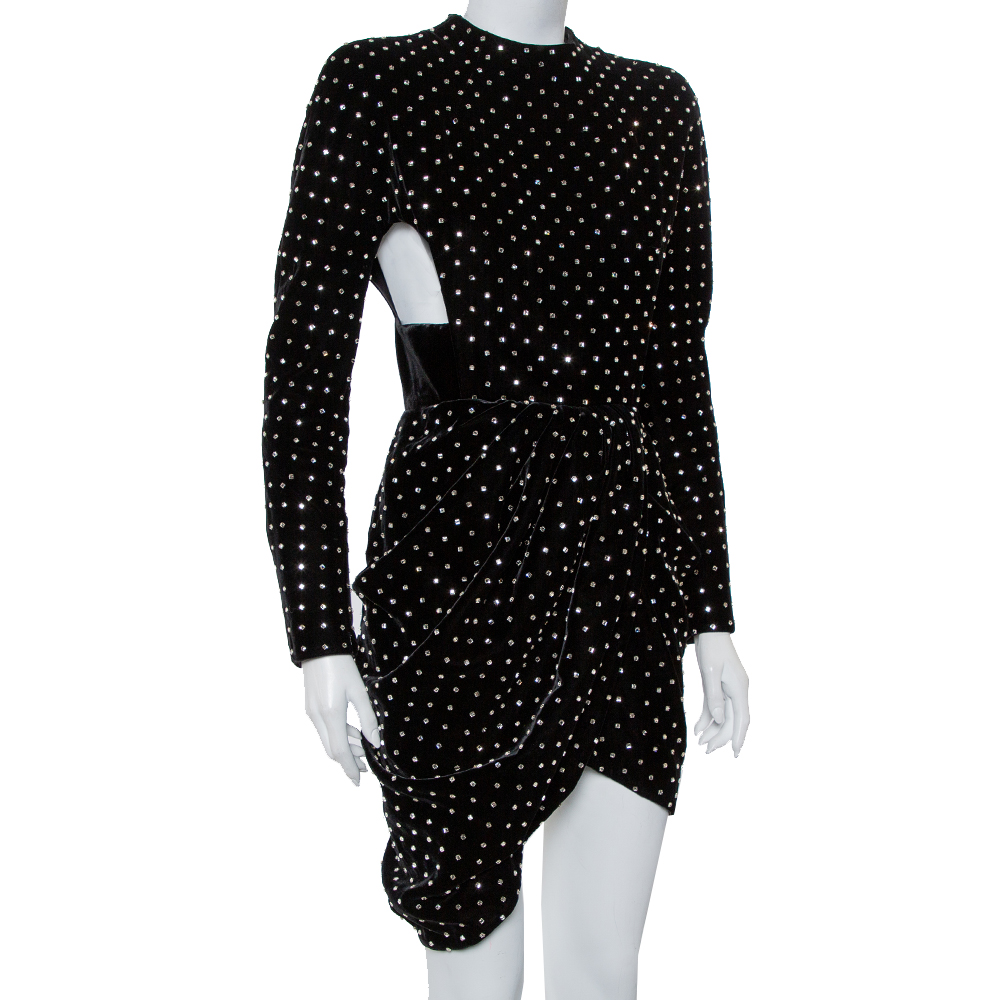 

Saint Laurent Paris Black Velvet Crystal Embellished Cutout Detail Faux Wrap Mini Dress