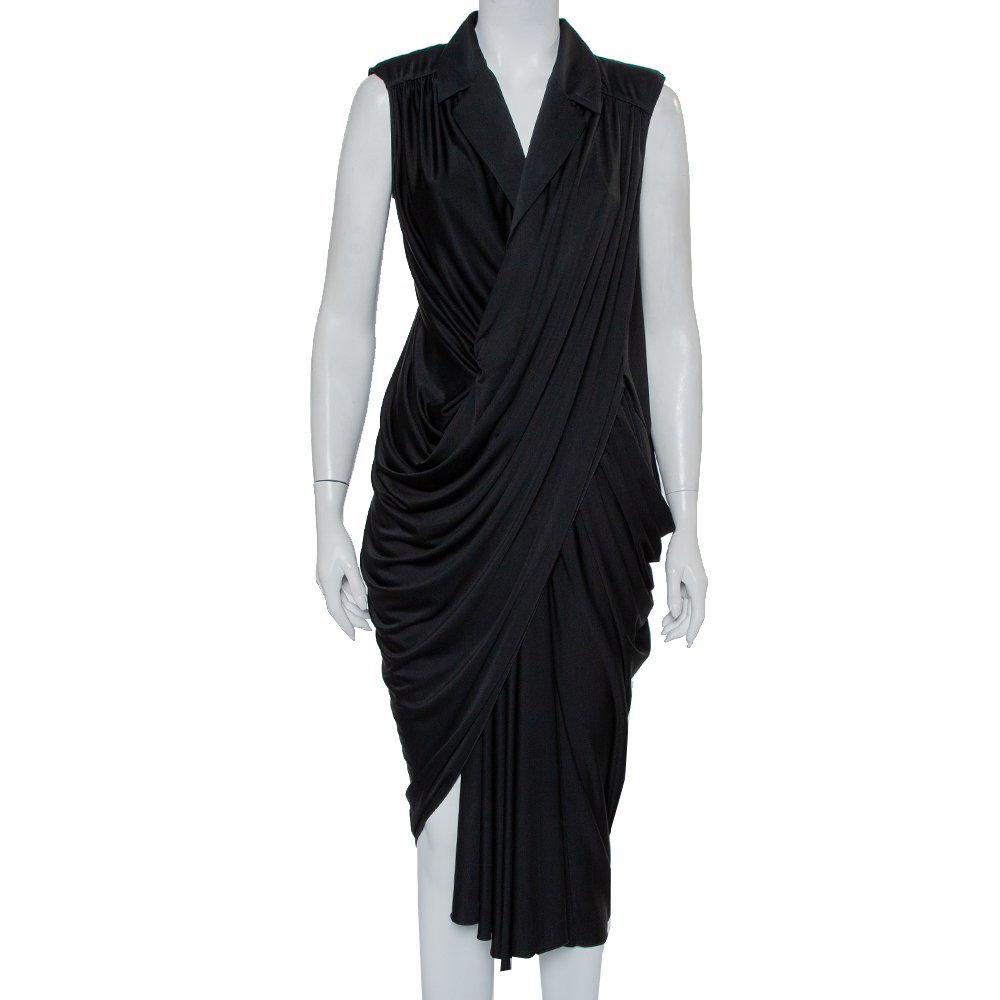 Pre-owned Saint Laurent Black Knit Collared Draped Asymmetrical Hem Sleeveless Dress M