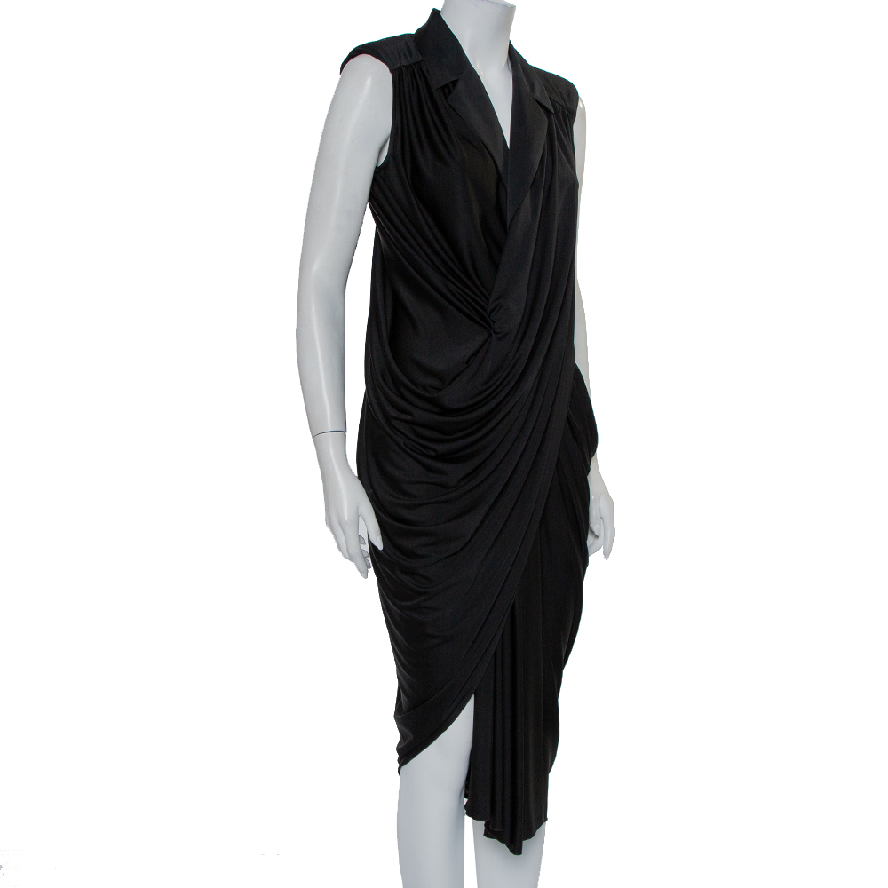

Yves Saint Laurent Black Knit Collared Draped Asymmetrical Hem Sleeveless Dress