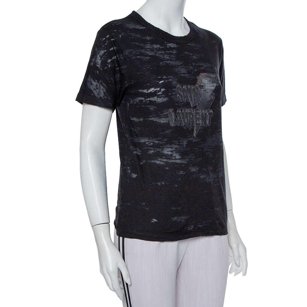 

Saint Laurent Paris Charcoal Grey Logo Printed Cotton Distressed Crewneck T-Shirt