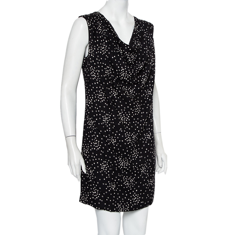 

Saint Laurent Paris Black Star Printed Twill Draped Neck Sleeveless Shift Dress