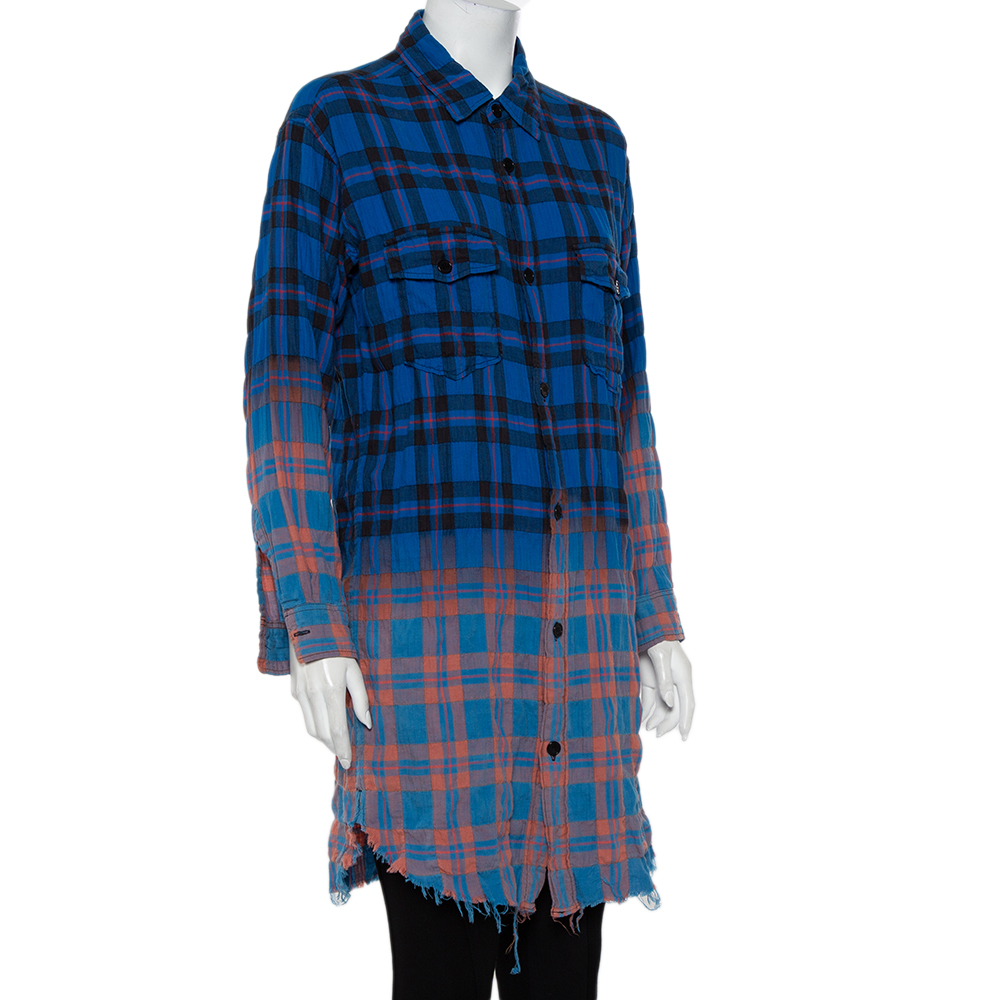 

Saint Laurent Paris Blue Ombre Checkered Flannel Button Front Long Shirt