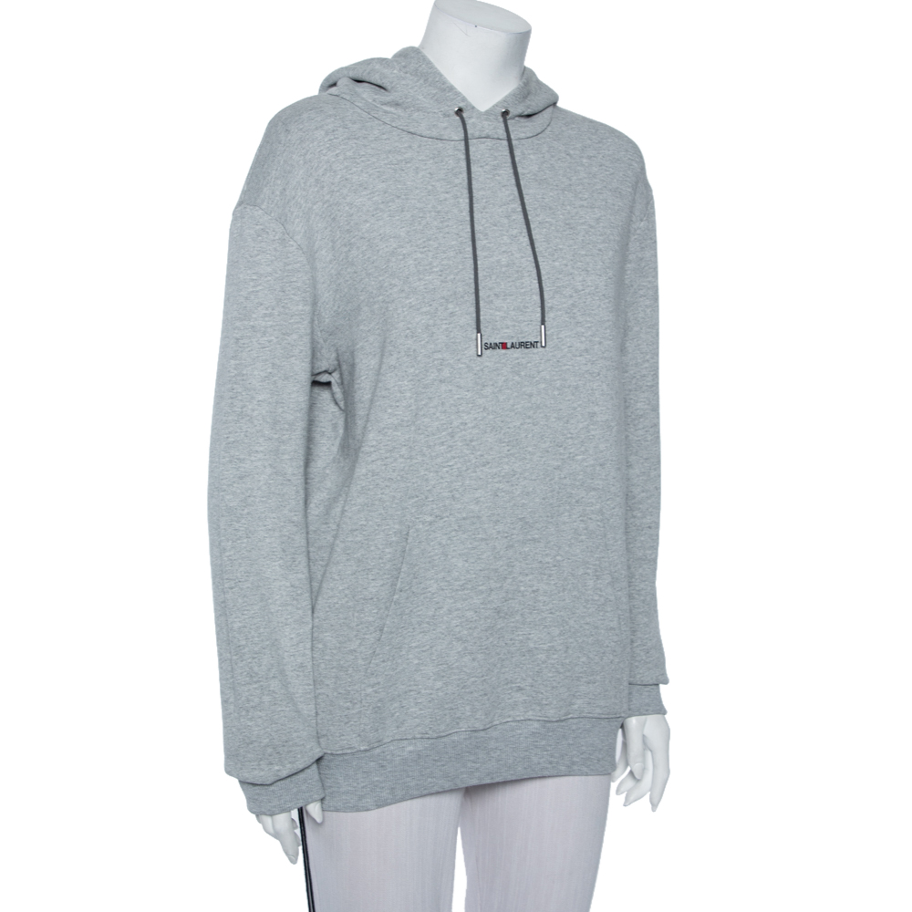 

Saint Laurent Paris Grey Logo Printed Cotton Knit Hoodie