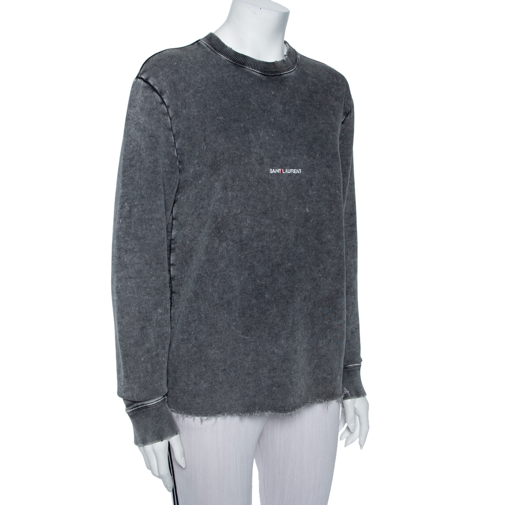 

Saint Laurent Paris Charcoal Washed Out Cotton Frayed Hem Distressed Sweatshirt, Grey