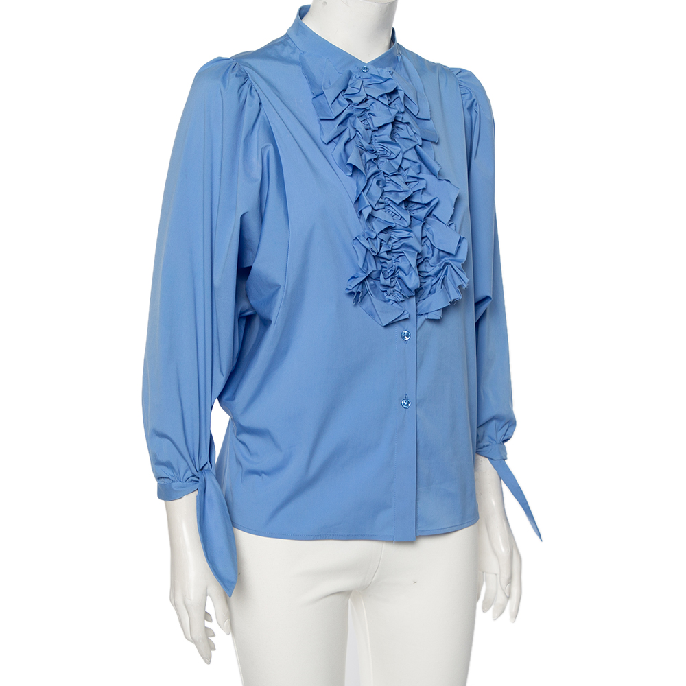 

Yves Saint Laurent Blue Cotton Ruffled Neck Detail Button Front Shirt