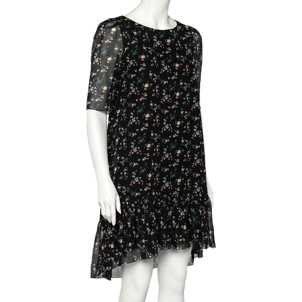 

Saint Laurent Black Floral Printed Silk Asymmetric Hem Shift Dress S