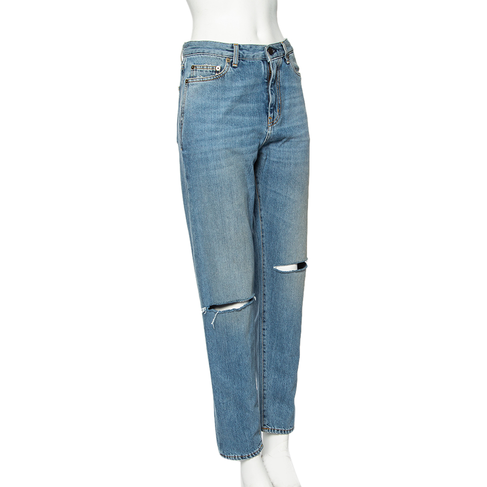 

Saint Laurent Stone Washed Blue Denim Ripped Detail Relaxed Fit Jeans