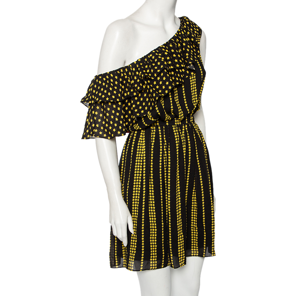 

Saint Laurent Black & Yellow Star & Stripes Printed Georgette Mini Dress