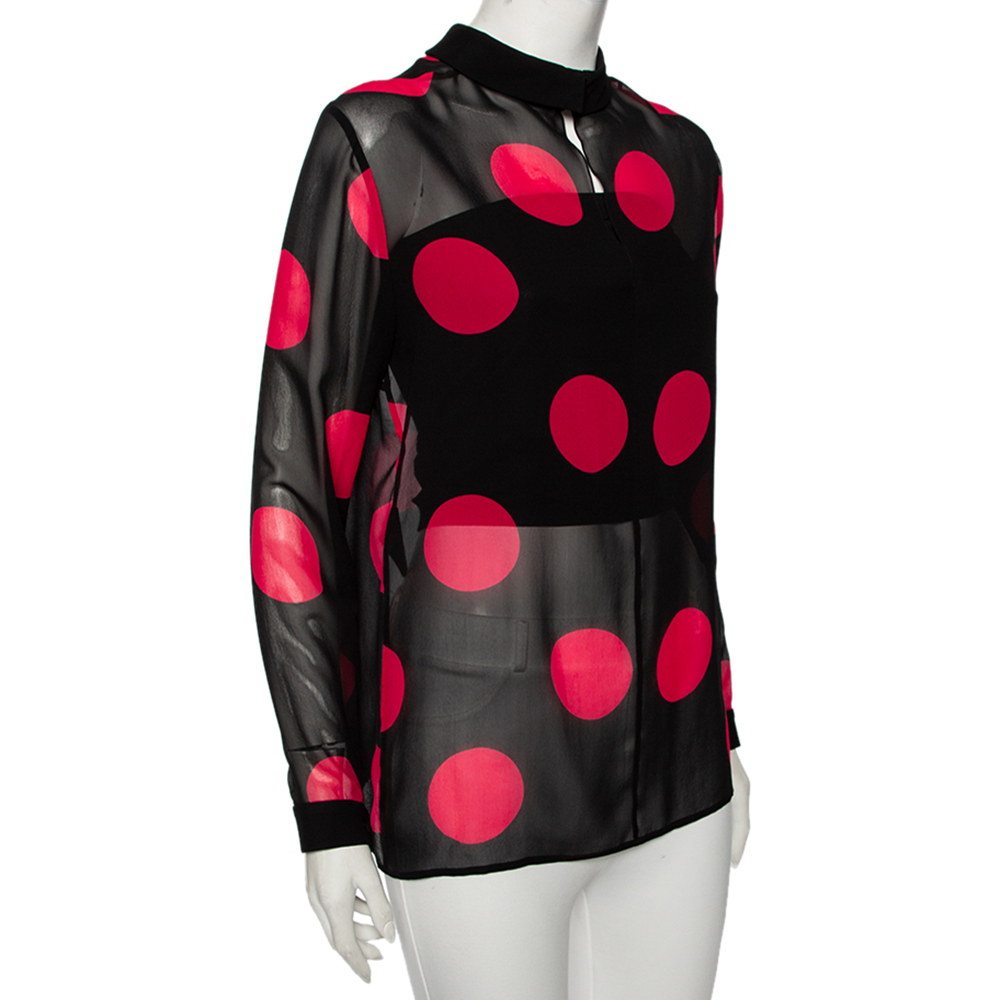 

Saint Laurent Black & Pink Polka Dotted Silk Long Sleeve Blouse