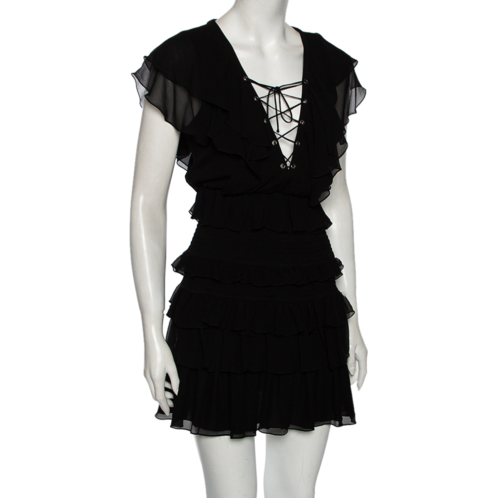 

Saint Laurent Black Silk Chiffon Smocked Detail Ruffled Dress