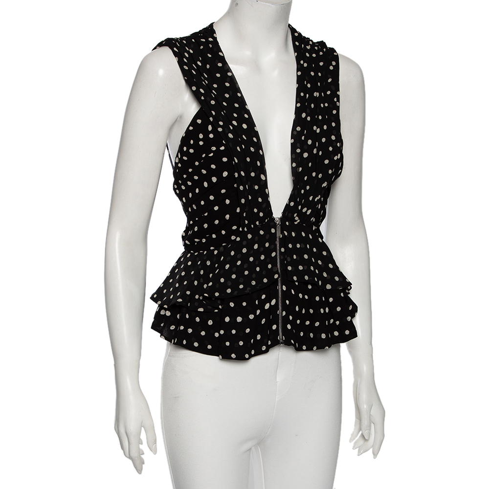 

Saint Laurent Black Polka Dotted Silk Georgette Sleeveless Ruffled Top