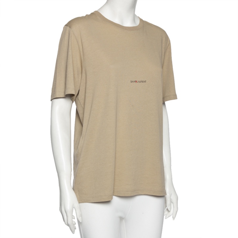 

Saint Laurent Taupe Logo Printed Cotton Asymmetric Hem Detail T-Shirt, Brown