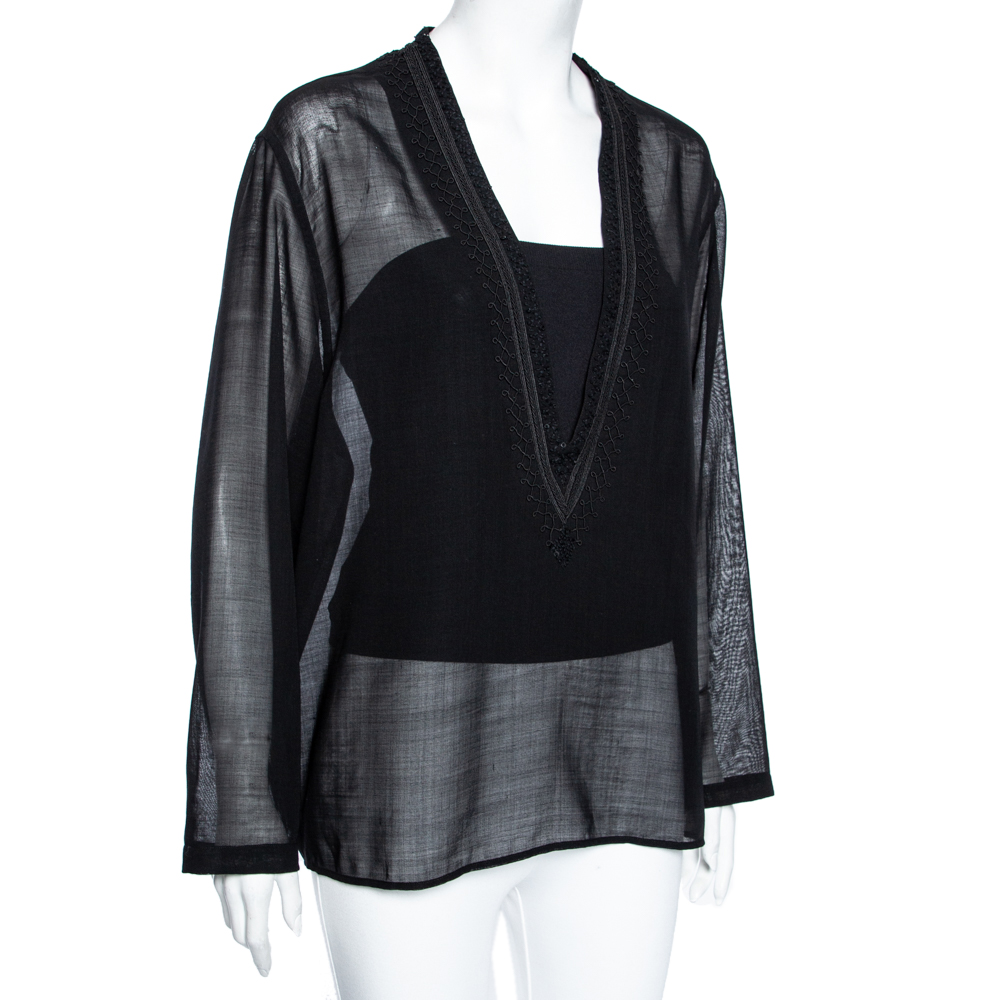 

Saint Laurent Black Wool Lace Trimmed V-Neck Blouse