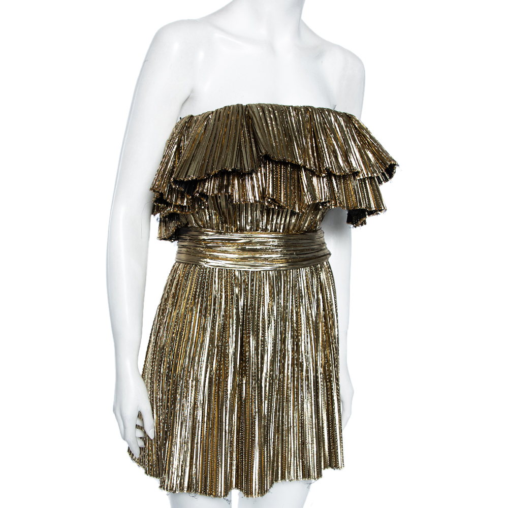 

Saint Laurent Gold Synthetic Strapless Pleated Plisse-Lamé Mini Dress