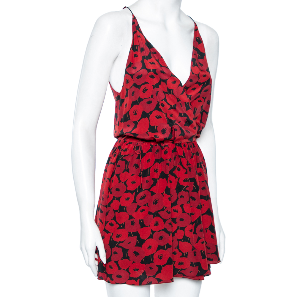 

Saint Laurent Red Tulip Printed Silk Mini Wrap Dress