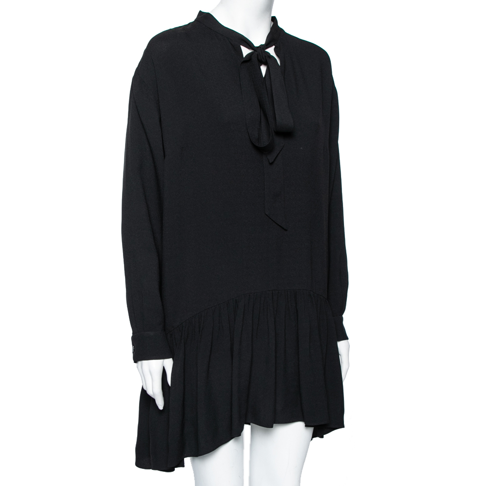 

Saint Laurent Black Crepe Neck Tie Detailed Long Sleeve Dress