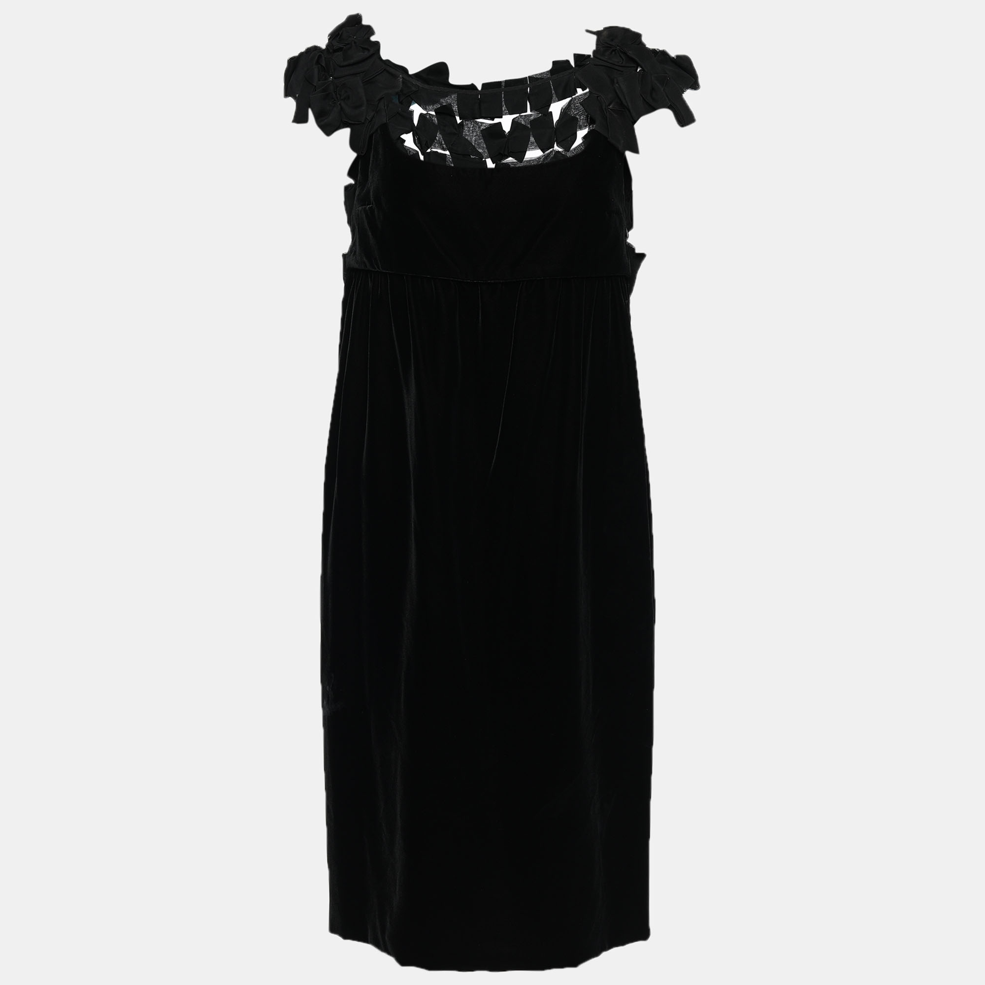 Pre-owned Saint Laurent Black Velvet Bow Applique Midi Dress M