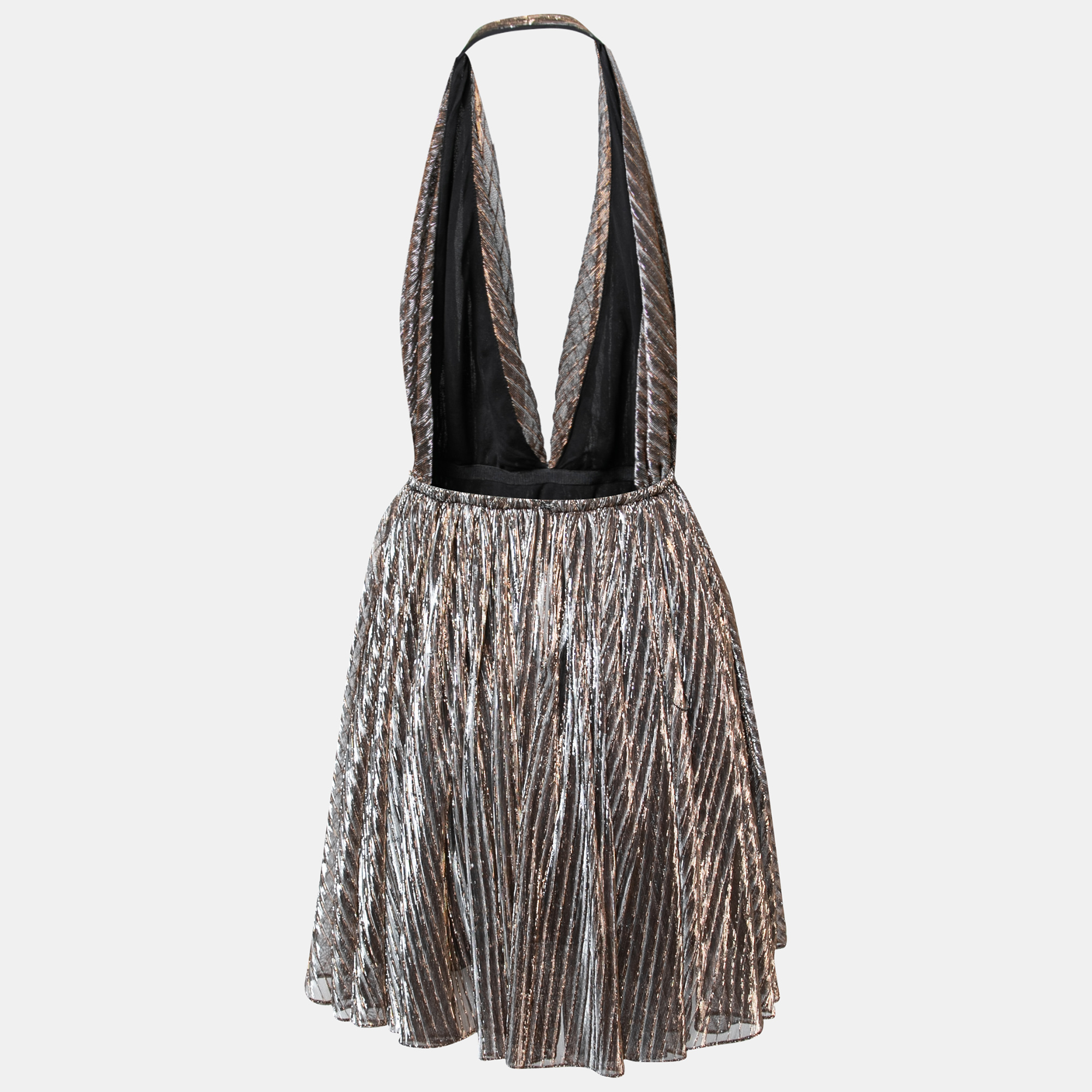 Saint Laurent Two Toned Striped Lurex Halter Neck Short Dress, Metallic