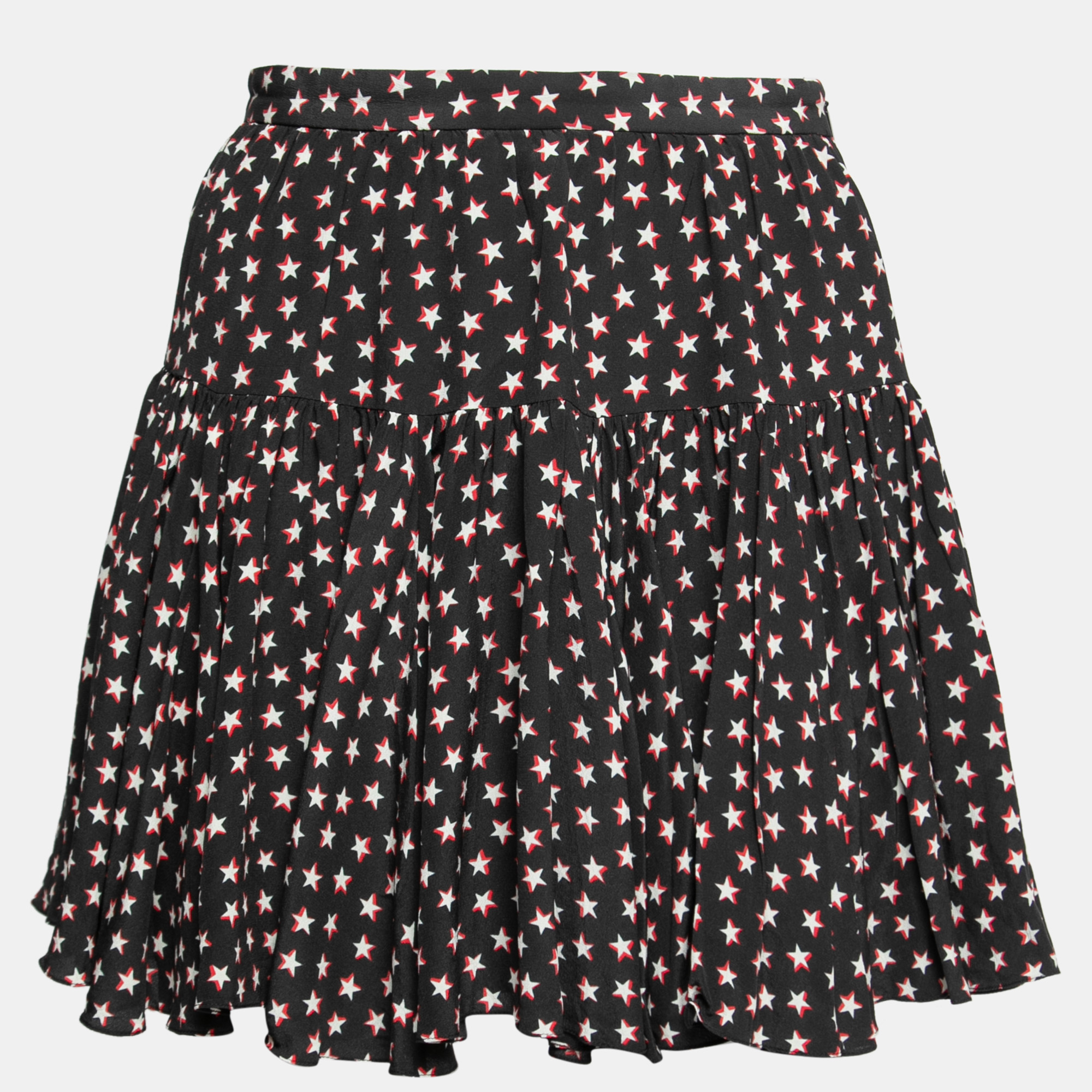 

Saint Laurent Black Star Print Silk Ruffled Skirt