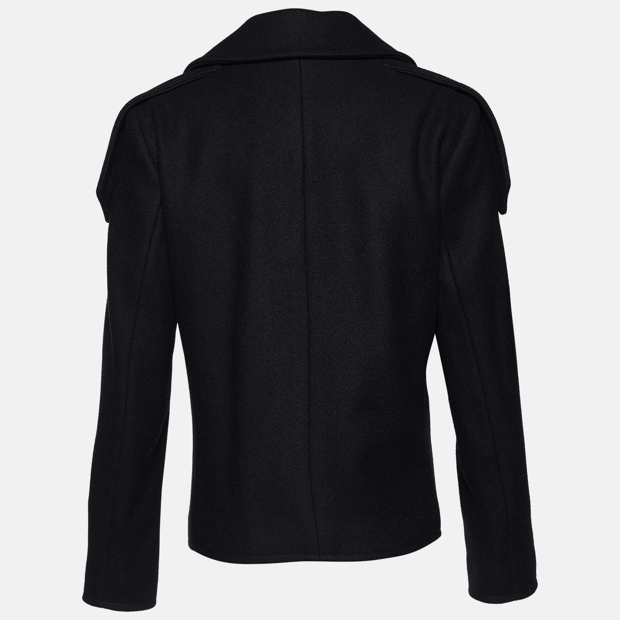 

Saint Laurent Black Wool Leather Trimmed Flap Pocket Detailed Jacket