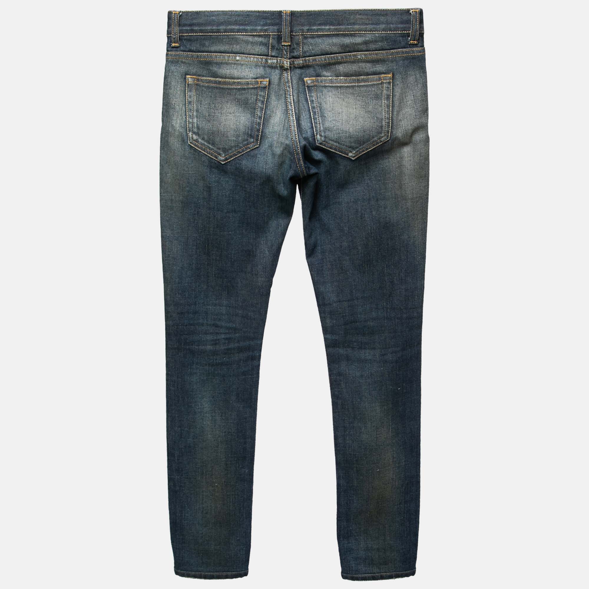 

Saint Laurent Blue Distressed Denim Low Rise Skinny Jeans  Waist 29