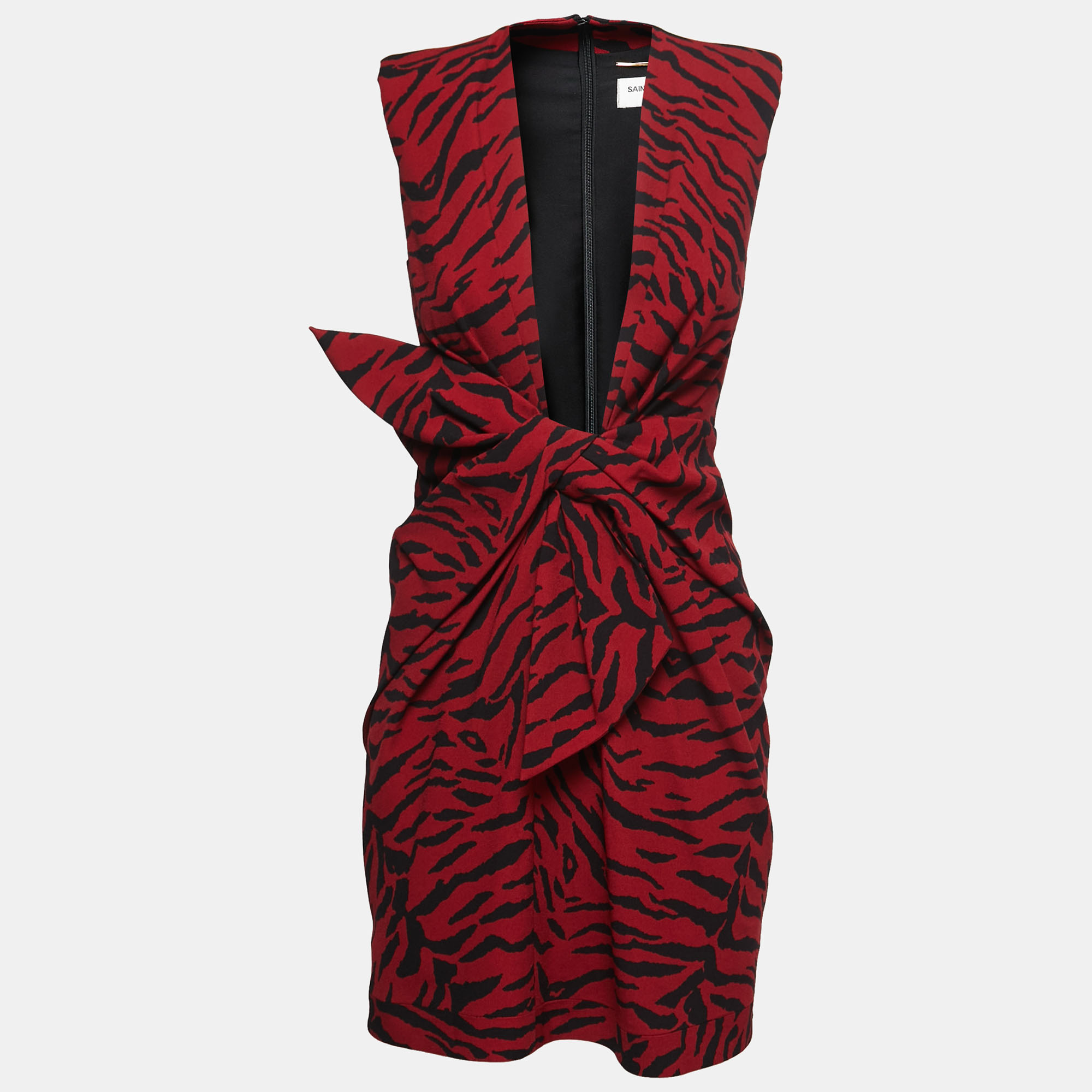

Saint Laurent Red Tiger Striped Crepe Plunge Neck Midi Dress S