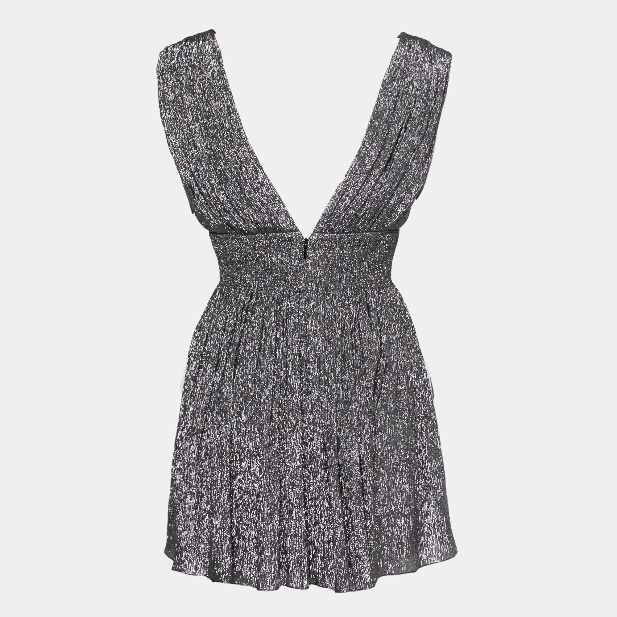 

Saint Laurent Metallic Plunge Neck Pleated Mini Dress