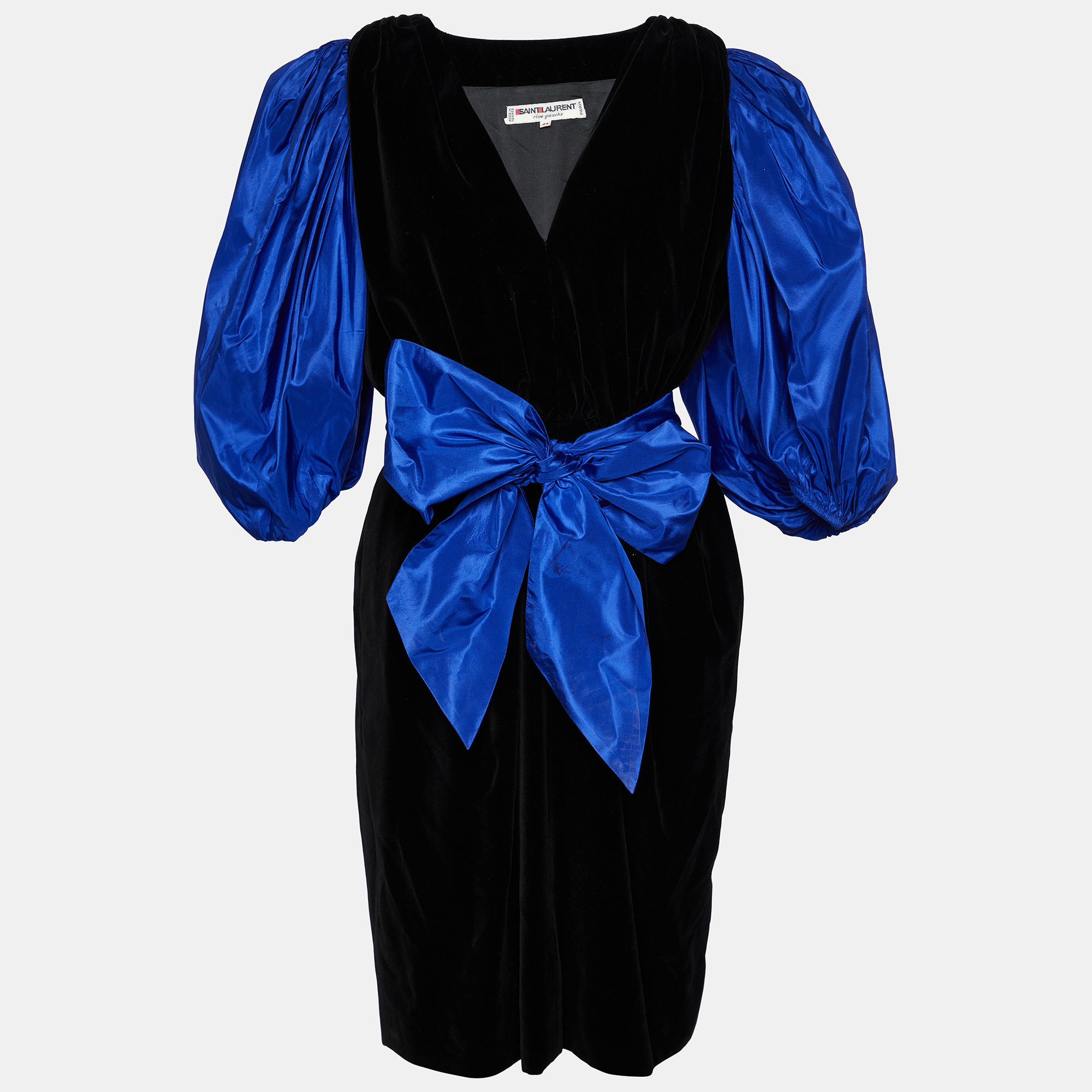 Pre-owned Saint Laurent Rive Gauche Black Velvet & Contrast Detail Midi Dress L