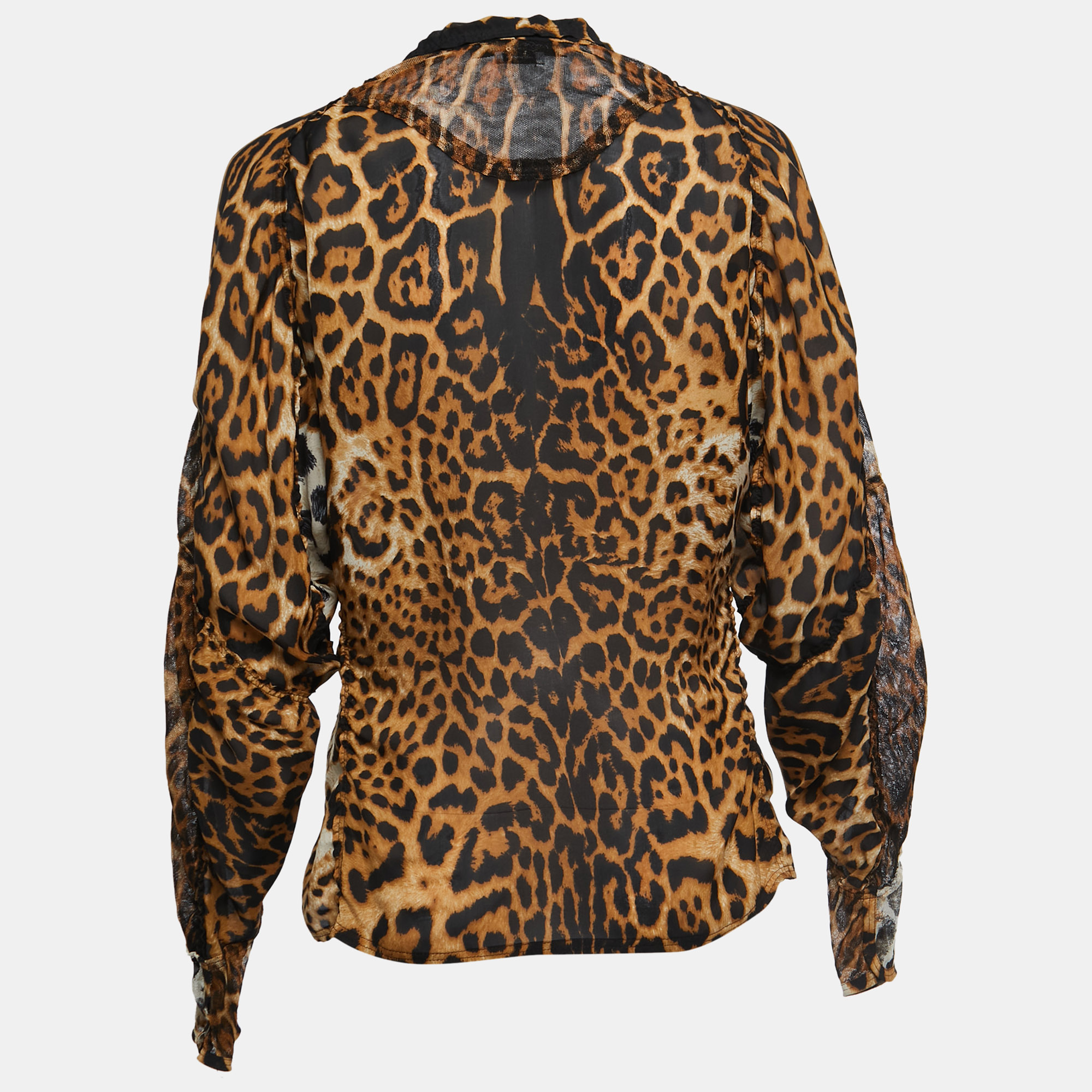 

Saint Laurent Black Animal Print Silk Zip Front Neck Tie Detail Full Sleeve Top