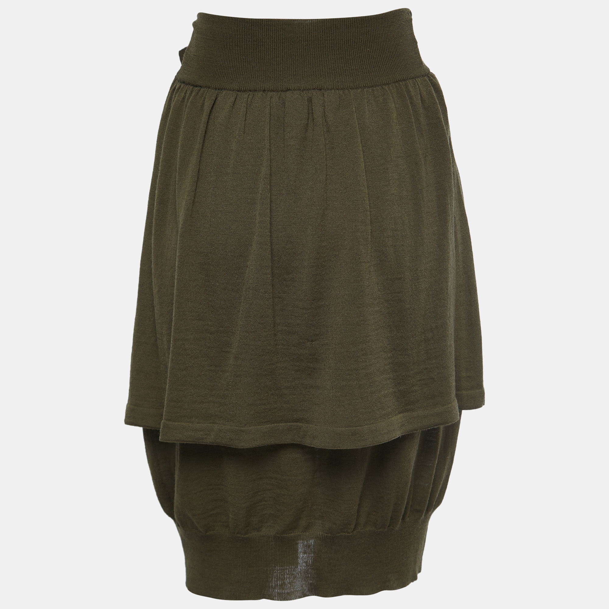 

Saint Laurent Green Wool Knit Tiered Knee Length Skirt