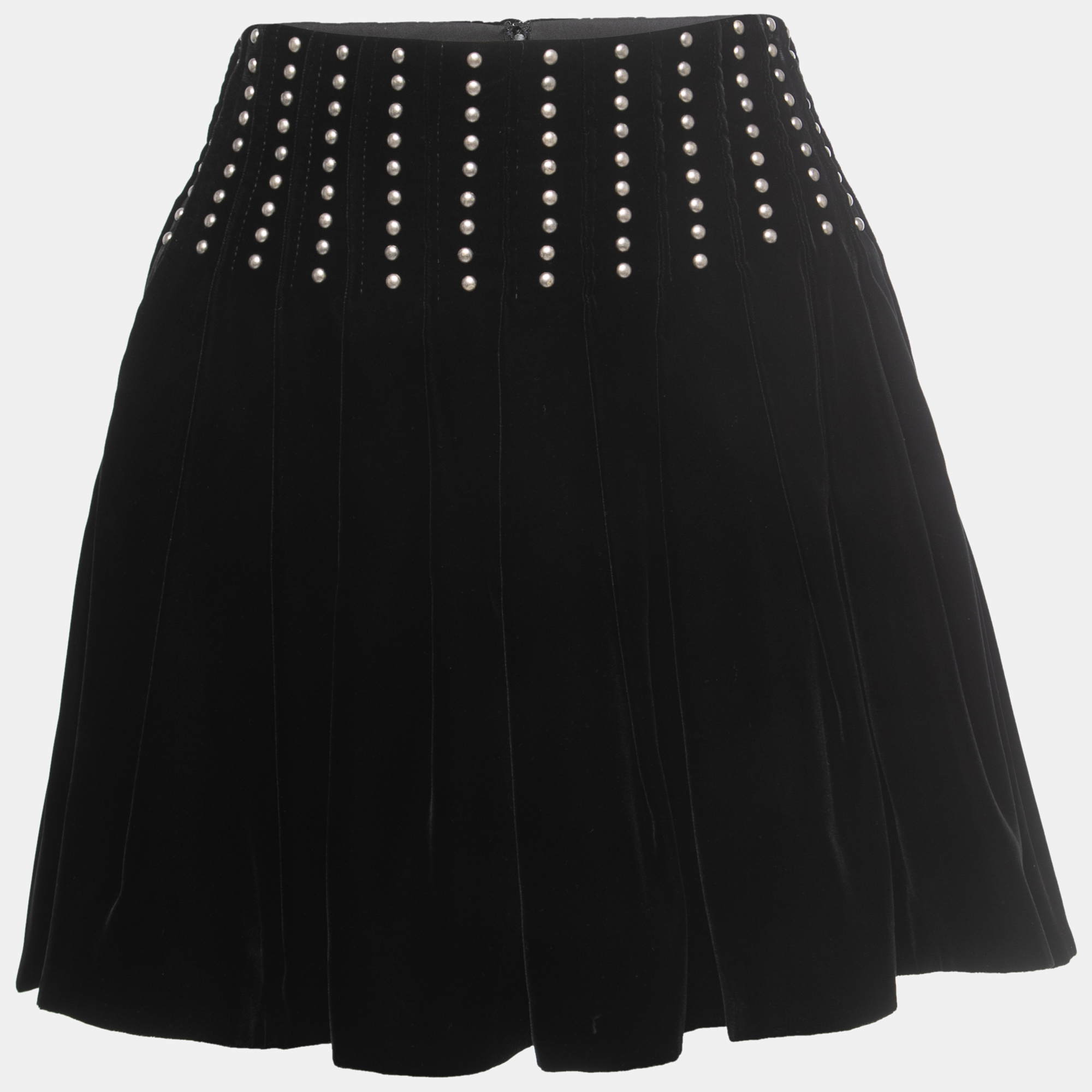 Pre-owned Saint Laurent Black Studded Velvet Pleated Mini Skirt L