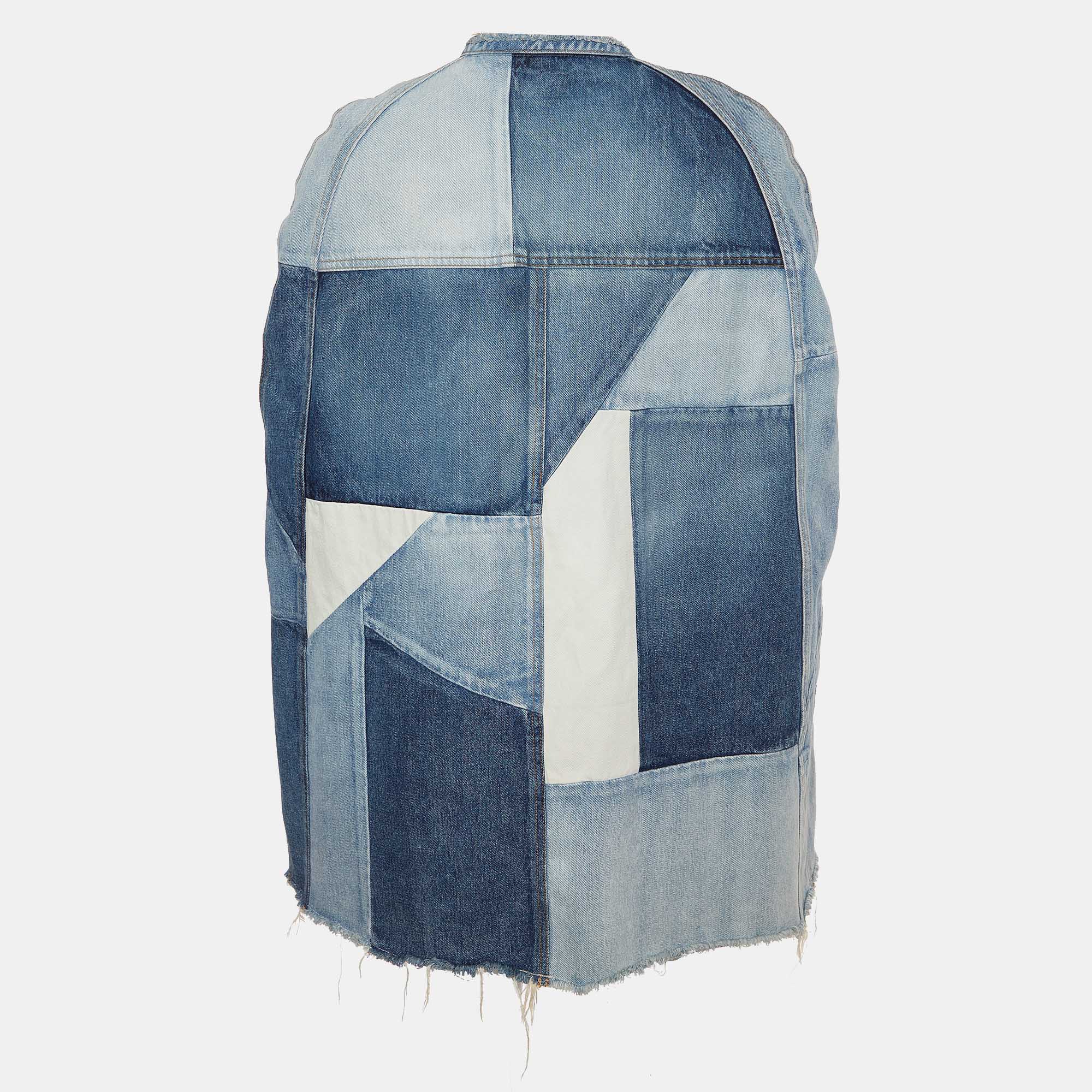 

Saint Laurent Blue Denim Patchwork Cape Jacket