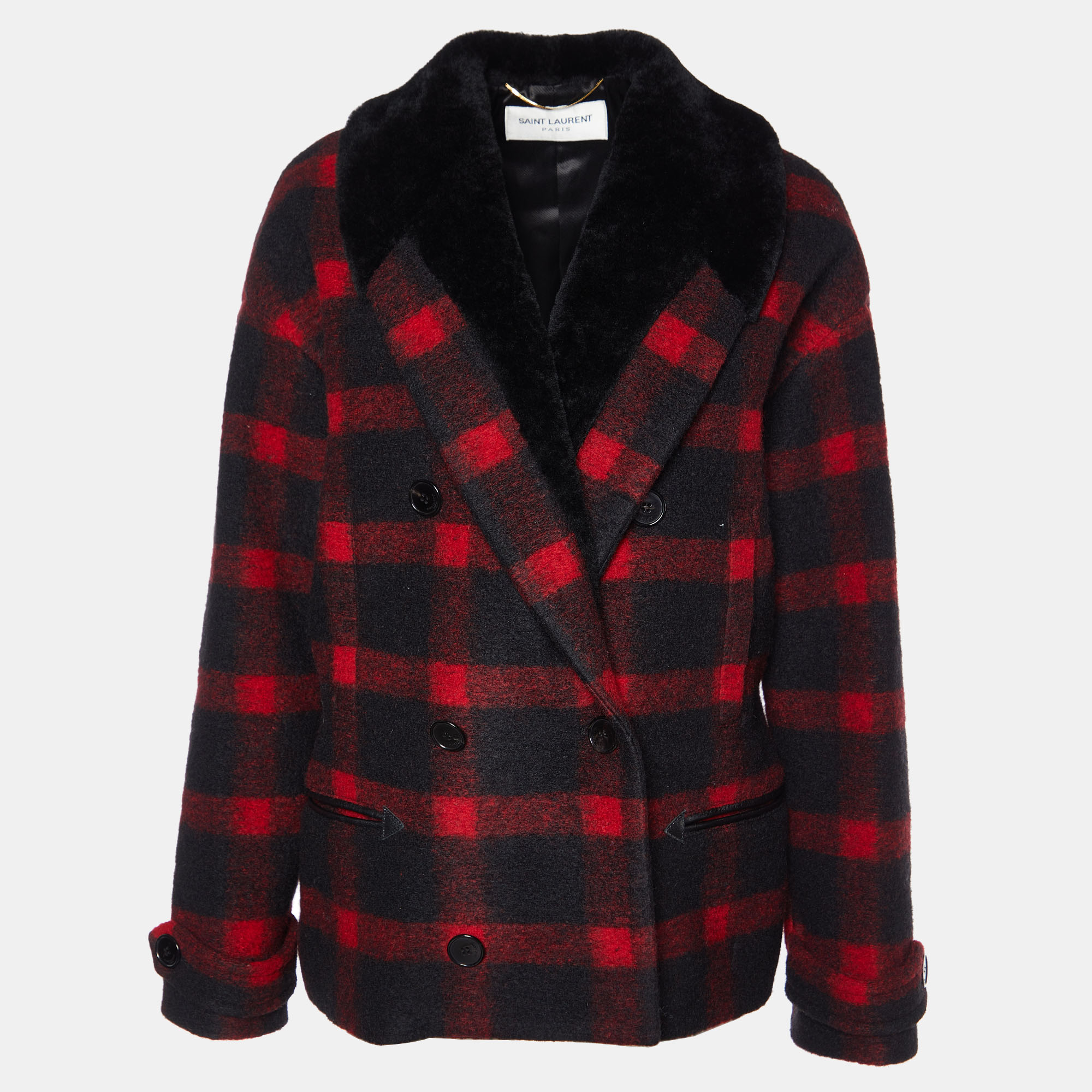 Pre-owned Saint Laurent Red & Black Wool Blend & Shearling Collar Double Breasted Blazer S