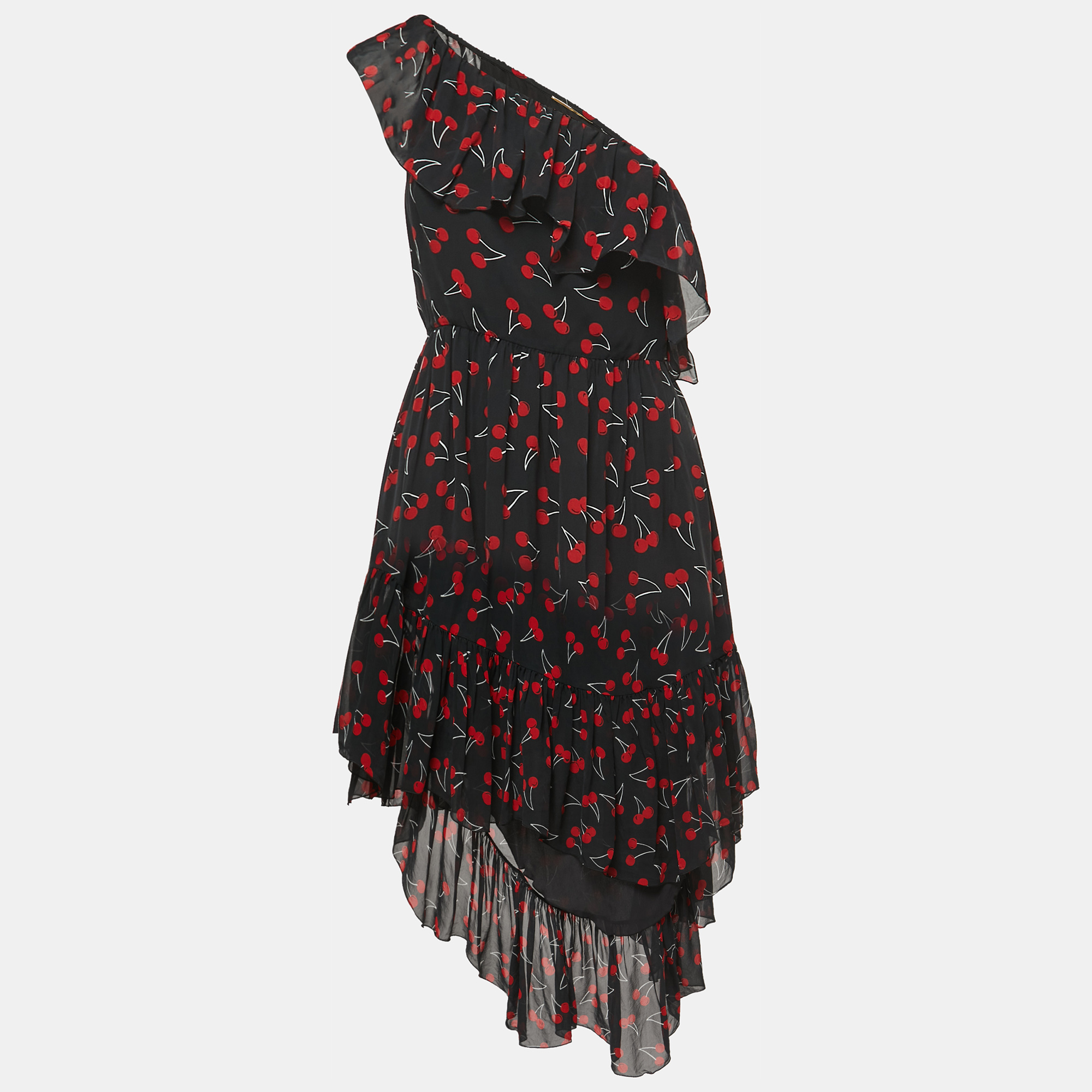 

Saint Laurent Black Cherry Printed Silk Ruffled One-Shoulder Dress